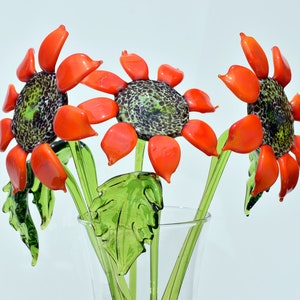 Hand Blown Glass Sunflower – Vibrant Orange Yellow Long Stem Art Flower Gift for Mom, Garden Lovers, or Unique Home Décor