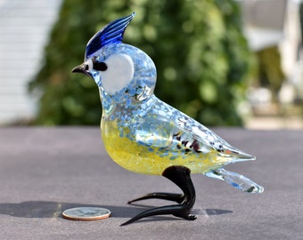 ガラス製のアオカケス、ガラス製の鳥の置物、青い鳥の彫刻、鳥の装飾