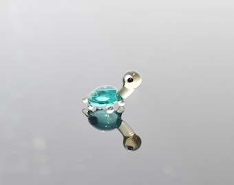 Cute glass miniature aquamarine blue turtle, whimsical, Lamp work miniature character from Glass Menagerie, Unique gift.