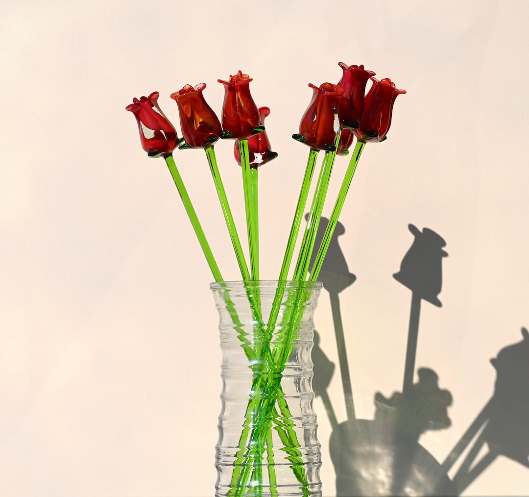 Beautiful Extra Long Stem Red Glass Rose Flower. Excellent Addition to
