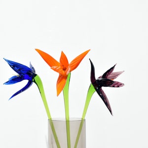 Elegant Bouquet of 3 colorful  long- stem  glass birds of the paradise- like flower. Unique gift. Price is for the whole bouquet.