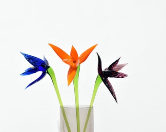 Elegant Bouquet of 3 colorful  long- stem  glass birds of the paradise- like flower. Unique gift. Price is for the whole bouquet.