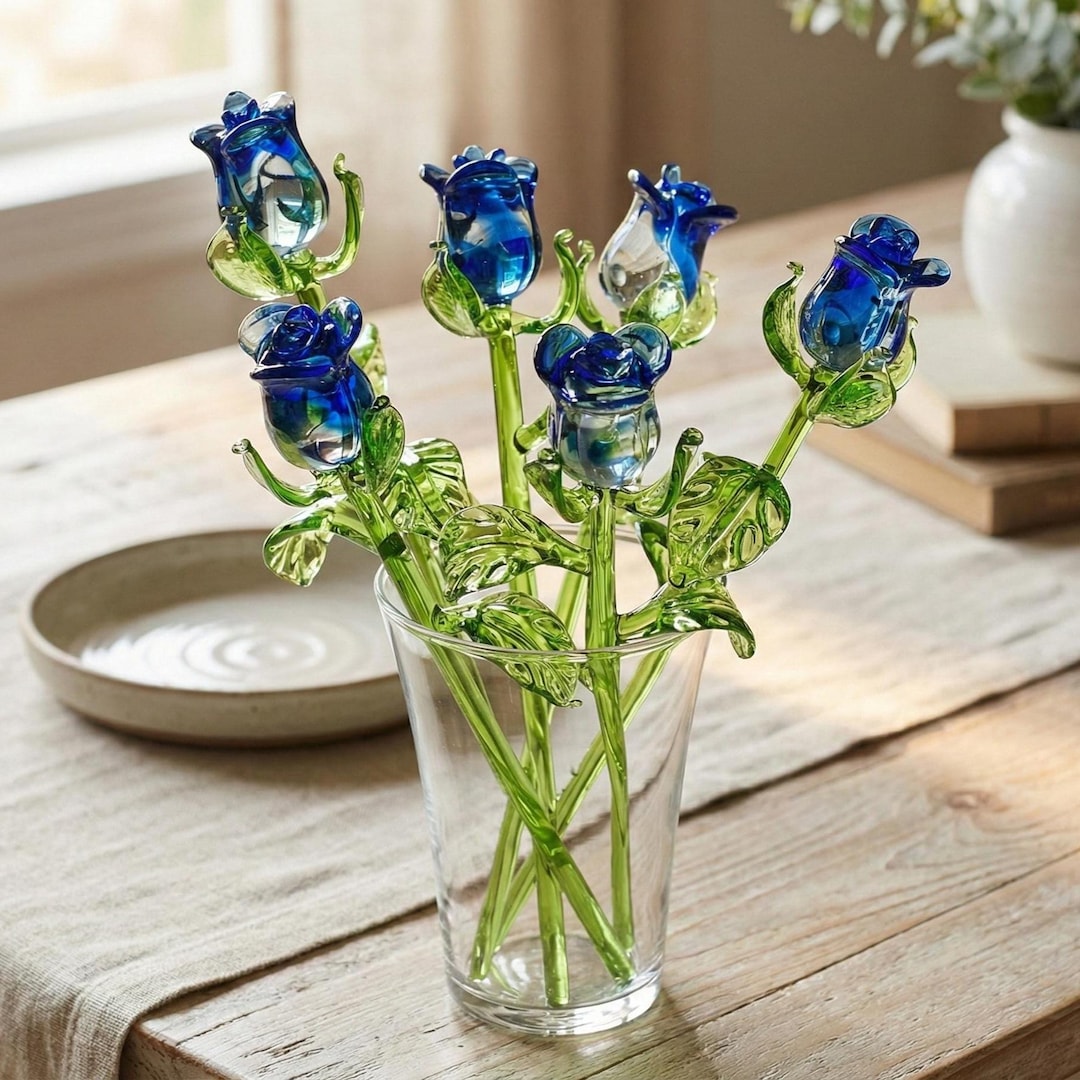 手吹きの青いガラスのバラ - 吹きガラスの花 - バレンタインデーの彼女