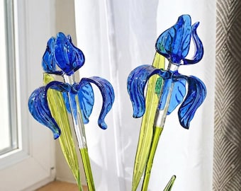 Glass Iris Flower - Hand Blown Glass Iris - Blue Glass Flowers Bouquet - Blown Glass Flowers - Birthday Gifts for Her