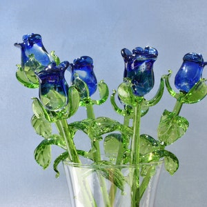 Blue Glass Rose Flower: Handmade Flame Worked Sculpture, 13 inch