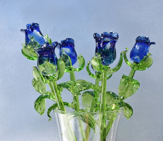 手吹きブルーガラスのバラ • 吹きガラスの花 • 誕生日プレゼント