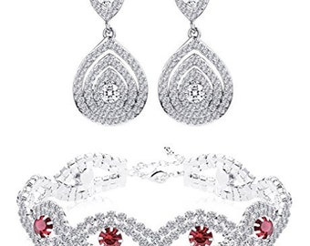 Ensemble nuptial de bijoux de mariage de strass pour les bracelets féminins Dangle Teardrop Boucles d’oreilles ensemble fait de cristaux clairs (rouge)