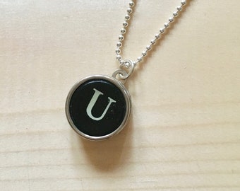 Vintage Typewriter Key Necklace: Sterling Silver Initial U Pendant