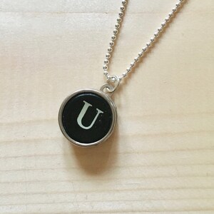 Letter U Typewriter Key Jewelry Charm Necklace. Black Initial U.  NO GLUE. Sterling silver. Vintage typewriter key pendant.  Letter jewelry.