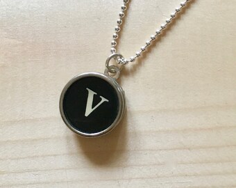 Letter V Typewriter Key Jewelry Charm Necklace. Black Initial V.  NO GLUE. Sterling silver. Vintage typewriter key pendant.  Letter jewelry.