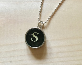 Vintage Typewriter Key Necklace: Black Initial S, Sterling Silver Pendant