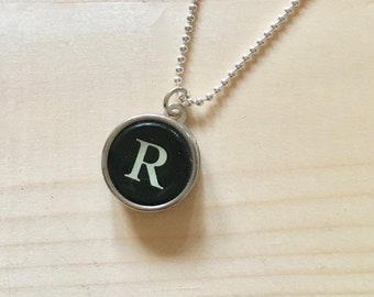 Vintage Typewriter Key Necklace: Black Initial R, Sterling Silver Chain