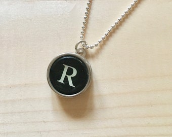 Letter R Typewriter Key Jewelry Charm Necklace. Black Initial R.  NO GLUE. Sterling silver. Vintage typewriter key pendant.  Letter jewelry.