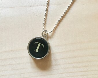 Vintage Typewriter Key Necklace: Black Initial T, Sterling Silver Chain