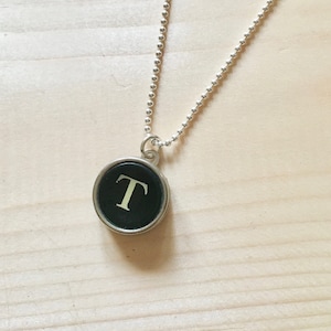 Letter T Typewriter Key Jewelry Charm Necklace. Black Initial T.  NO GLUE. Sterling silver. Vintage typewriter key pendant.  Letter jewelry.