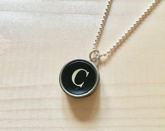 Letter C Typewriter Key Jewelry Charm Necklace. Black Initial C.  NO GLUE. Sterling silver. Vintage typewriter key pendant.  Letter jewelry.