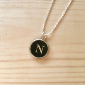 Letter N Typewriter Key Jewelry Charm Necklace. Black Initial N.  NO GLUE.Sterling silver necklace and findings. Vintage typewriter pendant.