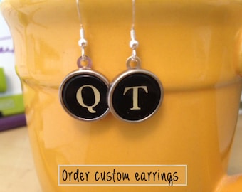 Custom typewriter initial earrings!  Sterling Silver. Choose key/background.  NO GLUE.  Alphabet letters.