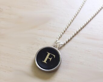 Letter F Typewriter Key Jewelry Charm Necklace. Black Initial F.  NO GLUE. Sterling silver chain.  Vintage typewriter key pendant.