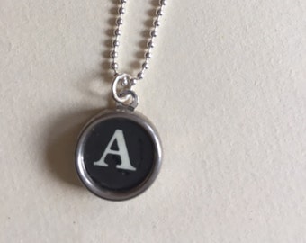Letter A Typewriter Key Jewelry Charm Necklace. Black Initial A.  NO GLUE. Sterling silver chain. Vintage typewriter key pendant. Green gift