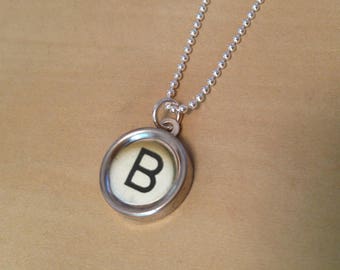 Letter B Typewriter Key Jewelry Charm Necklace. White Typewriter key with Black letter B.  NO GLUE. Sterling silver chain and backing.