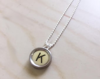 Letter K Typewriter Necklace: Sterling Silver Initial Pendant. Authentic typewriter key.