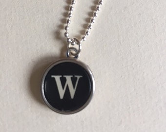 Letter W Typewriter Necklace. Initial W.  NO GLUE. Sterling silver chain and backing. Vintage typewriter Key Jewelry Charm necklace.