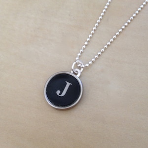 Letter J Typewriter Key Jewelry Charm Necklace. Black Initial J.  NO GLUE. Sterling silver chain and findings.  Vintage Typewriter jewelry.