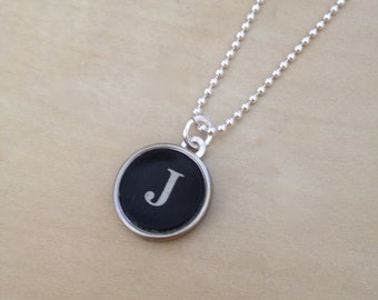 Letter J Typewriter Key Jewelry Charm Necklace. Black Initial J.  NO GLUE. Sterling silver chain and findings.  Vintage Typewriter jewelry.