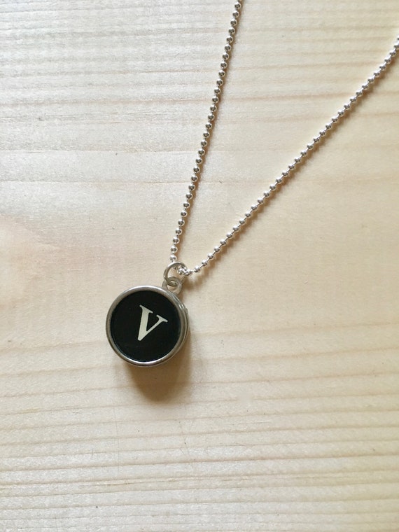 Letter V Typewriter Key Jewelry Charm Necklace. Black Initial V 