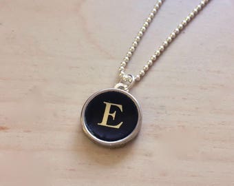 Letter E Typewriter Key Jewelry Charm Necklace. Black Initial E.  NO GLUE. Sterling silver. Vintage typewriter key pendant.  Letter jewelry.