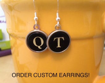 Sterling Silver Typewriter Key Initial Earrings: Custom Alphabet Letter.  You choose your two letters.  Authentic vintage typewriter keys.