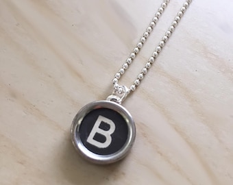 Letter B Typewriter Key Jewelry Charm Necklace.  Initial B.  NO GLUE. Sterling silver chain and backing.  Vintage typewriter key pendant.