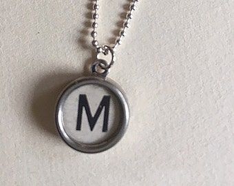 Letter M Typewriter Key Jewelry Charm Necklace. White Initial M. NO GLUE. Sterling silver chain and backing. Vintage typewriter necklace.