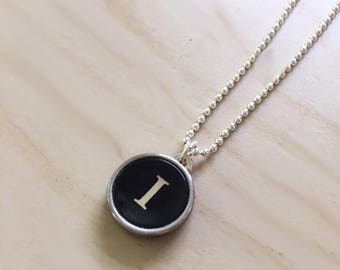 Letter I Typewriter Key Jewelry Charm Necklace. Initial I.  NO GLUE. Sterling silver chain and backing.  Vintage typewriter key pendant.