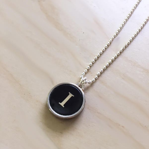 Letter I Typewriter Key Jewelry Charm Necklace. Initial I.  NO GLUE. Sterling silver chain and backing.  Vintage typewriter key pendant.