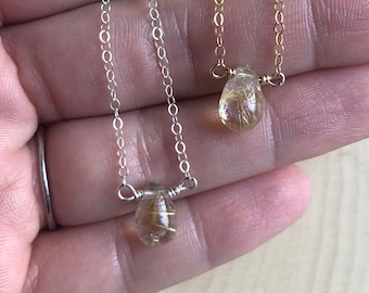 Gold Filled/Sterling Silver Tiny Golden Rutilated Quartz Necklace / Minimalist Crystal Necklace / Golden Rutilated Quartz Minimal Necklace