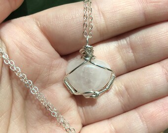 Sterling Silver Rose Quartz Mini Heart Choker/Necklace / Sterling Silver Wire Wrapped Heart Necklace