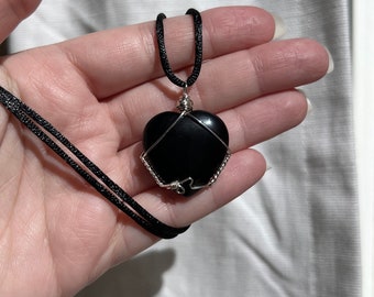 Sterling Silver Obsidian Heart Adjustable Black Cord Necklace/Choker / Heart Silver Necklace