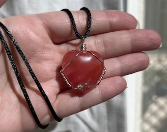 Sterling Silver Cherry Quartz Heart Adjustable Black Cord Necklace/Choker / Cherry Quartz Heart Silver Necklace