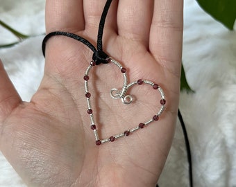 Sterling Silver Garnet Heart Necklace/Choker / Garnet Silver Necklace / Crystal Heart Necklace