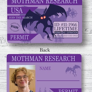 May include: A purple card with the text "Mothman Research" and "USA" on the front. The card has a graphic of a mothman with red eyes. The back of the card has a photo of a person and the text "Mothman Research" and "Permit".