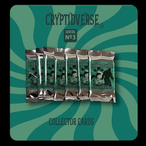 May include: A set of six silver foil-wrapped packs of Cryptidverse Series No. 3 collector cards. Each pack features a green label with a graphic of a silhouette of Bigfoot and a flying saucer. The text reads Cryptidverse and Collector Cards.
