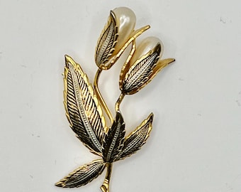 Mid Century Retro Silver/Gold Tone Double Floral Pearl Brooch made in Spain