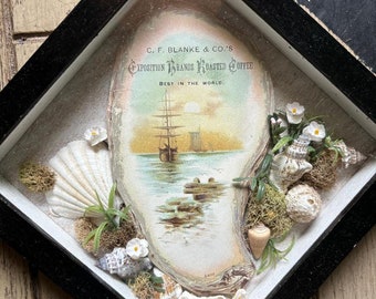 Victorian Trade Card Seashore, Seashells Framed Diorama