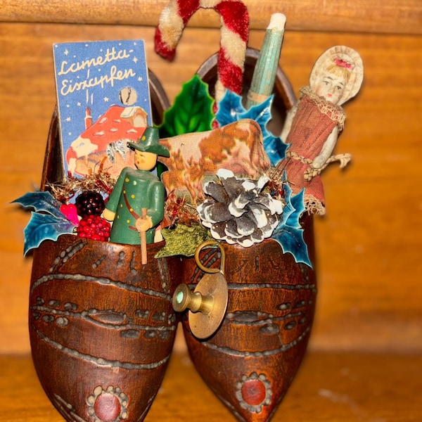 Antique Dutch Wooden Shoes Filled with Vintage items for Christmas  Saint Nicholas Day