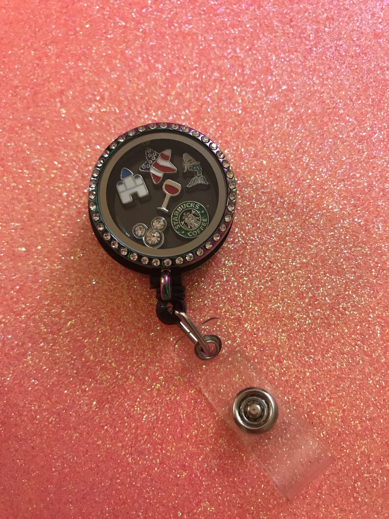living locket charm badge clip,Mickey badge,Rainbow Floating Locket Badge Reel,rn badge disney badge reel,rhinestone retractable badge reel