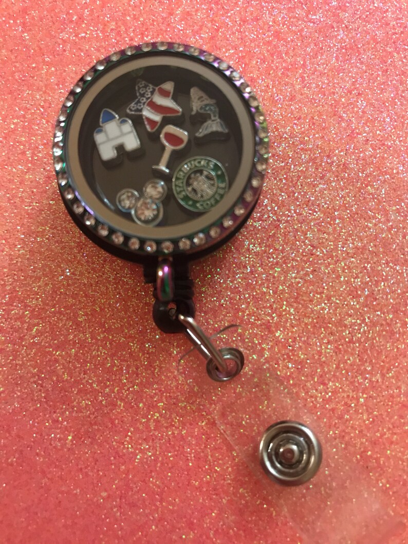 living locket charm badge clip,Mickey badge,Rainbow Floating Locket Badge Reel,rn badge disney badge reel,rhinestone retractable badge reel