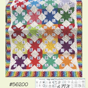 May include: A quilt titled My Retreat Quilt with a finished size of 69 inches by 95 inches. The quilt features a rainbow-colored border and a grid of white squares printed with black text, interspersed with solid-colored star-shaped blocks.