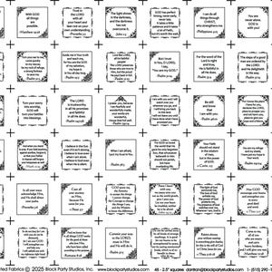 May include: A white fabric sheet featuring numerous small squares, each containing a Bible verse and decorative border. The words "Pocket Prayers" are printed on the left side. The squares are arranged in a grid pattern.